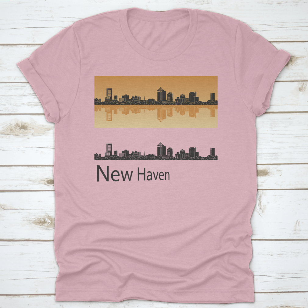 Vector illustration of New Haven skyline against a vibrant orange background, showcasing urban architecture and artistic design.