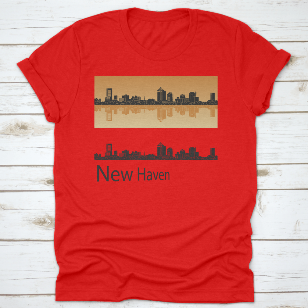 Vector illustration of New Haven skyline against a vibrant orange background, showcasing urban architecture and artistic design.