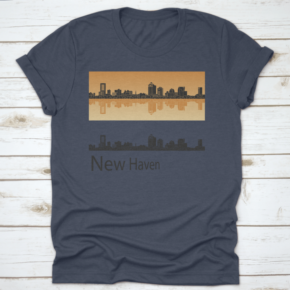 Vector illustration of New Haven skyline against a vibrant orange background, showcasing urban architecture and artistic design.