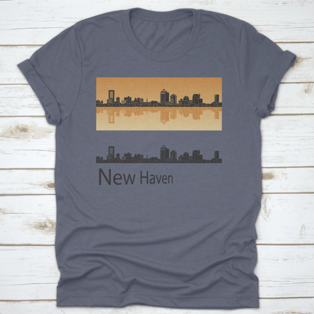 Vector illustration of New Haven skyline against a vibrant orange background, showcasing urban architecture and artistic design.