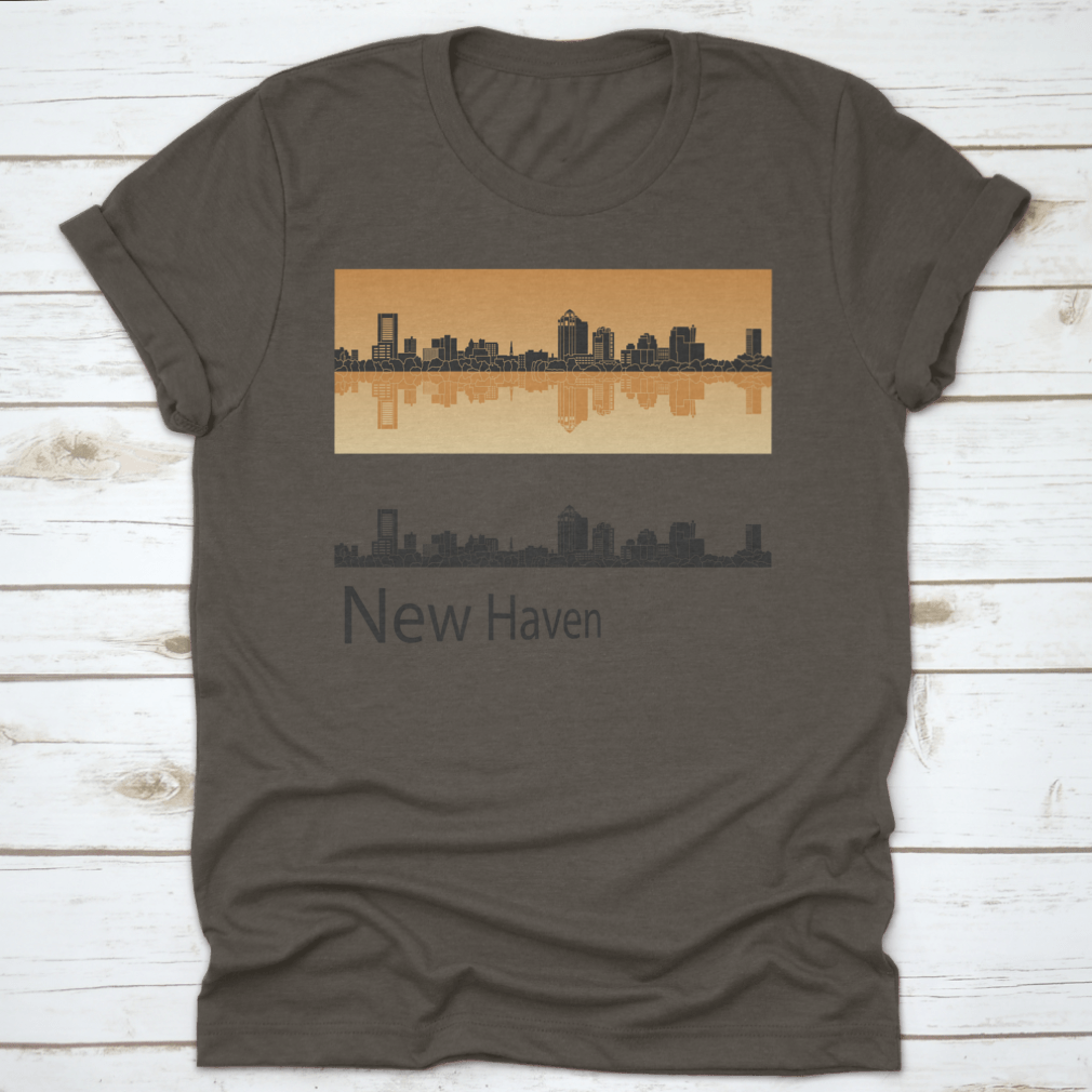 Vector illustration of New Haven skyline against a vibrant orange background, showcasing urban architecture and artistic design.