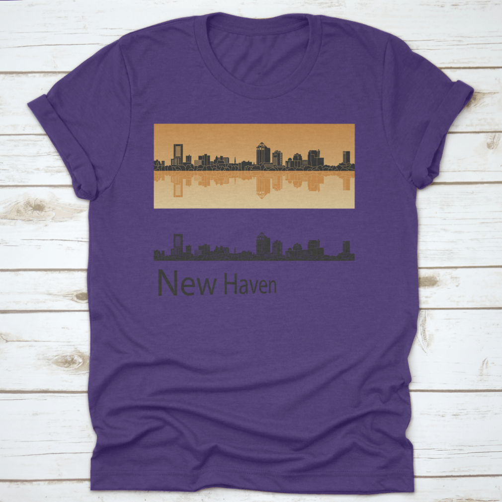 Vector illustration of New Haven skyline against a vibrant orange background, showcasing urban architecture and artistic design.