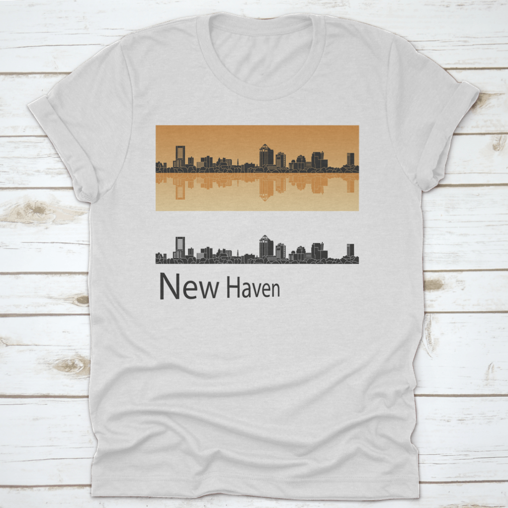 Vector illustration of New Haven skyline against a vibrant orange background, showcasing urban architecture and artistic design.