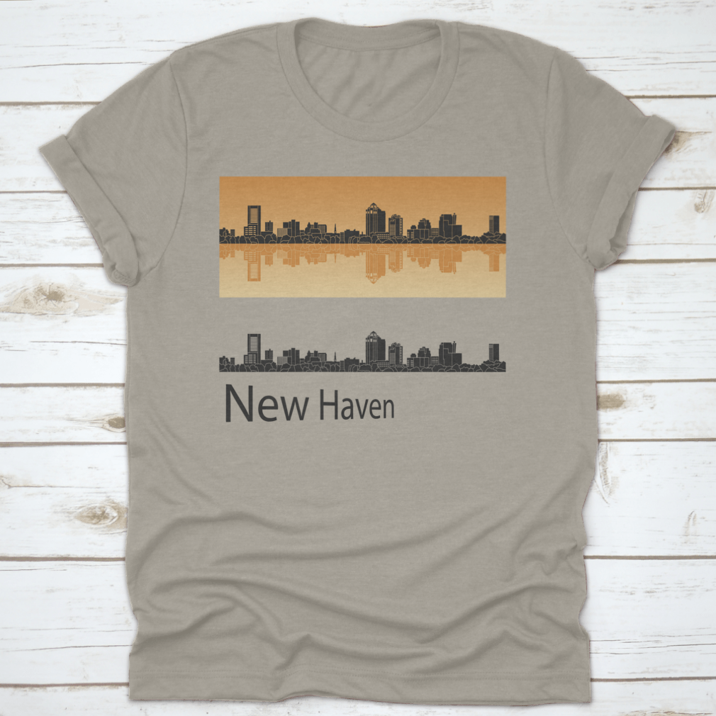 Vector illustration of New Haven skyline against a vibrant orange background, showcasing urban architecture and artistic design.