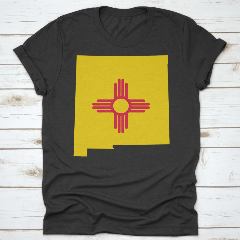 A stylish t-shirt featuring the New Mexico state flag seal in a heart design, made from 100% cotton for comfort.