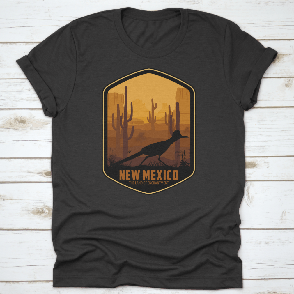 New Mexico Vector Label featuring a Greater Roadrunner in a desert landscape with Saguaro cacti.