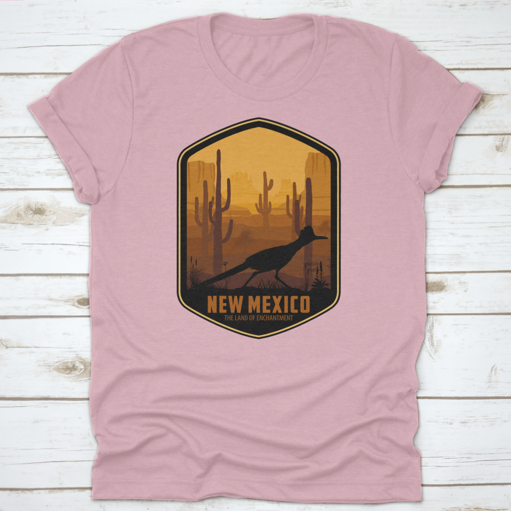 New Mexico Vector Label featuring a Greater Roadrunner in a desert landscape with Saguaro cacti.