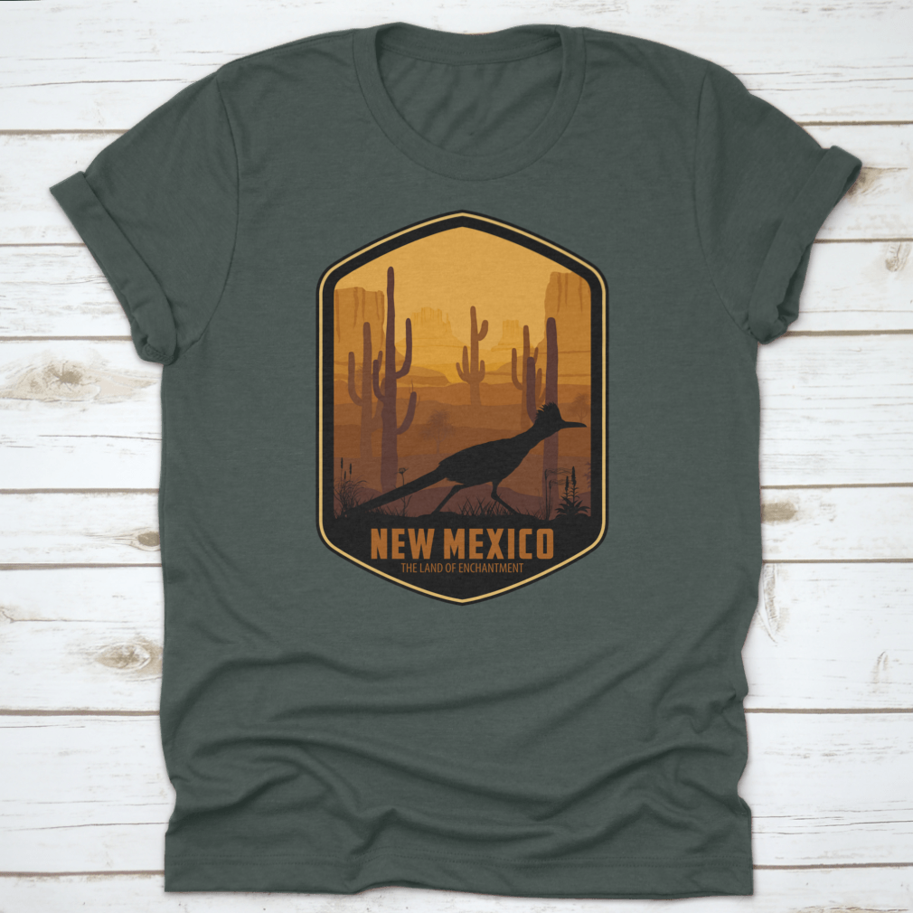New Mexico Vector Label featuring a Greater Roadrunner in a desert landscape with Saguaro cacti.