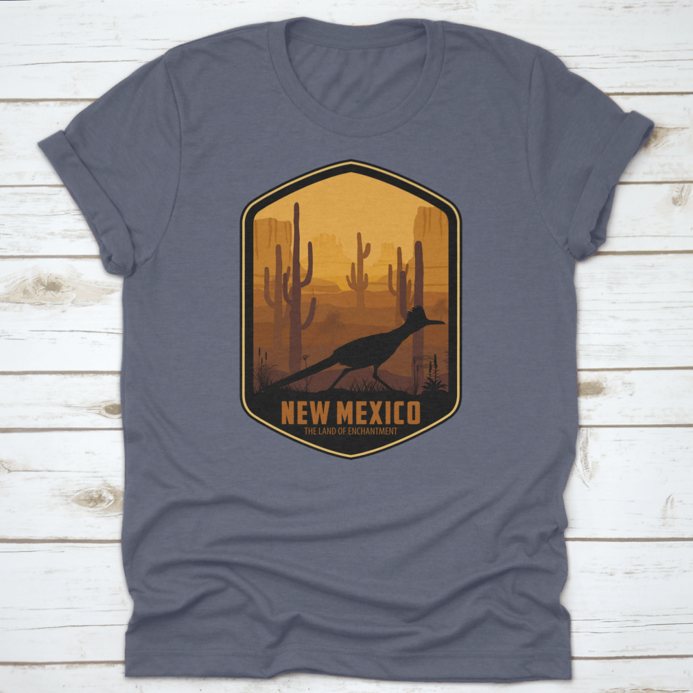 New Mexico Vector Label featuring a Greater Roadrunner in a desert landscape with Saguaro cacti.