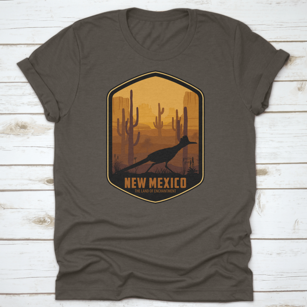 New Mexico Vector Label featuring a Greater Roadrunner in a desert landscape with Saguaro cacti.