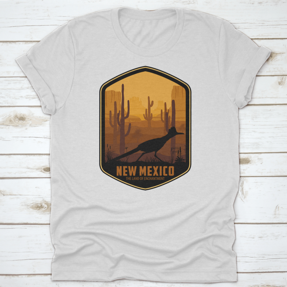 New Mexico Vector Label featuring a Greater Roadrunner in a desert landscape with Saguaro cacti.
