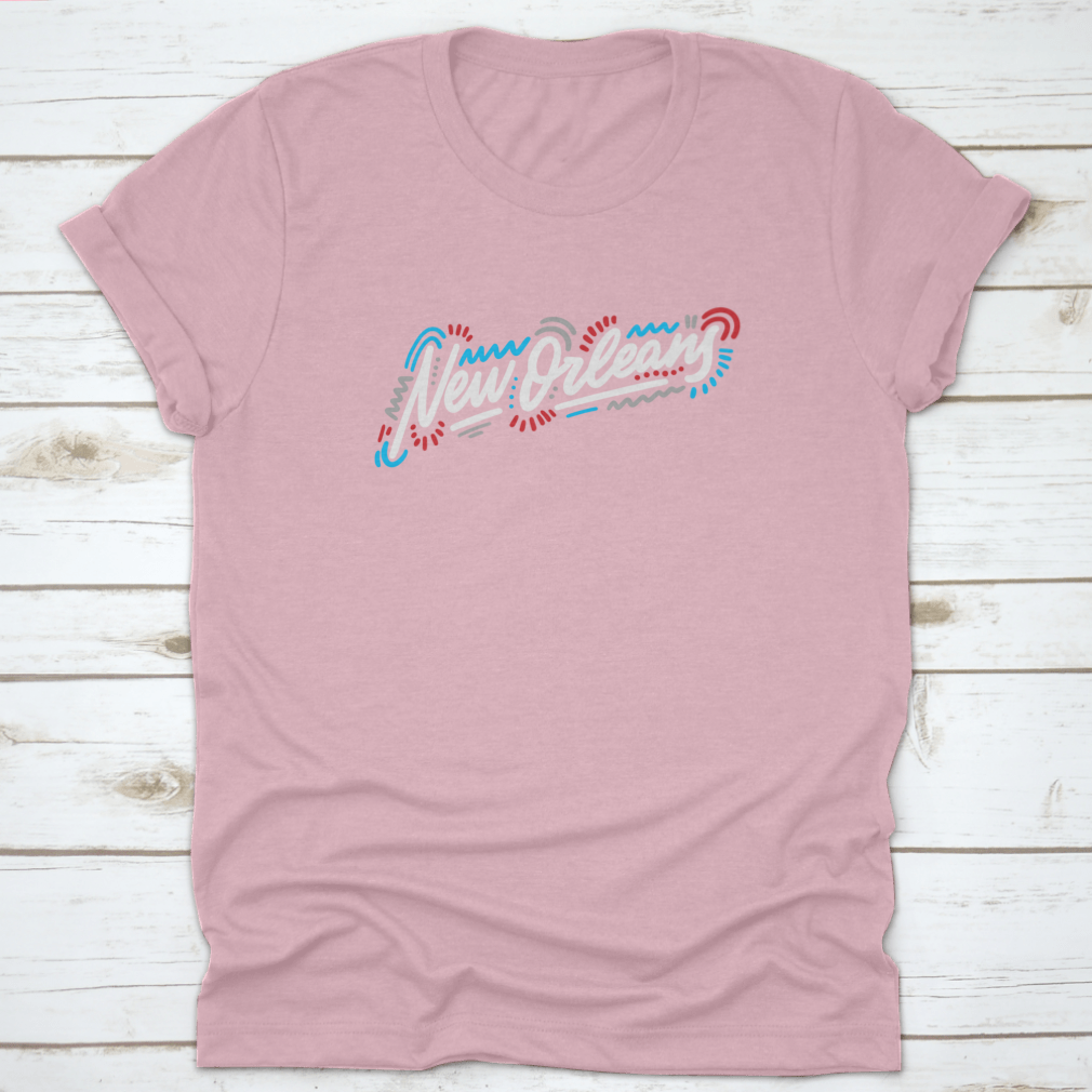 A stylish t-shirt featuring the handwritten city name 'New Orleans' in modern calligraphy, showcasing artistic lettering on a comfortable fabric.
