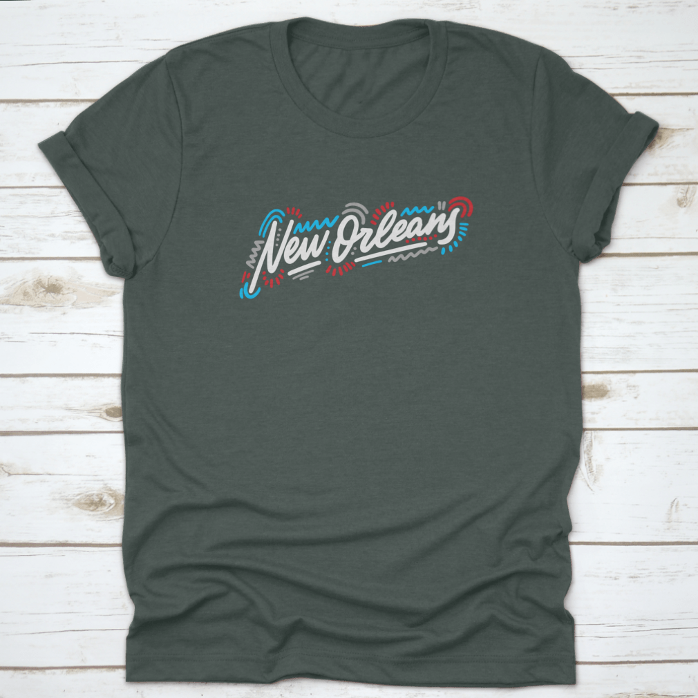A stylish t-shirt featuring the handwritten city name 'New Orleans' in modern calligraphy, showcasing artistic lettering on a comfortable fabric.