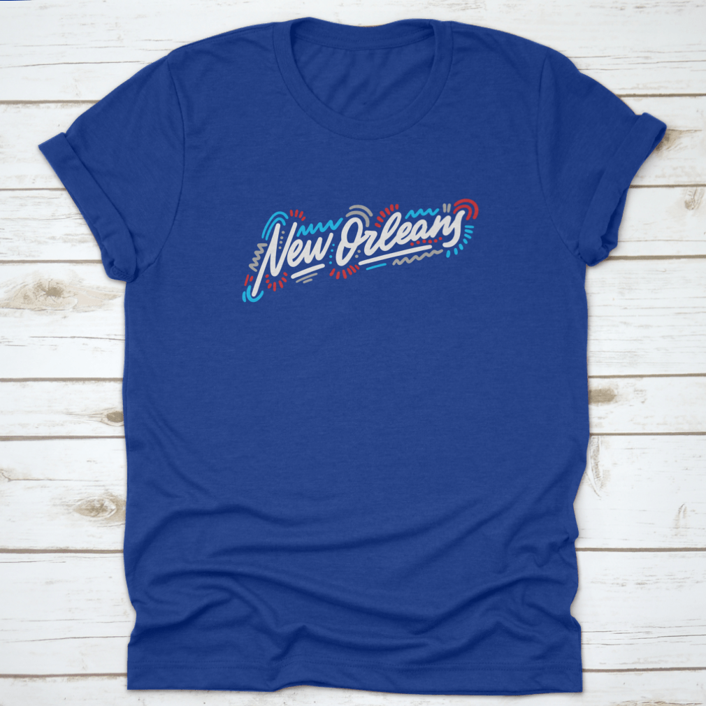 A stylish t-shirt featuring the handwritten city name 'New Orleans' in modern calligraphy, showcasing artistic lettering on a comfortable fabric.