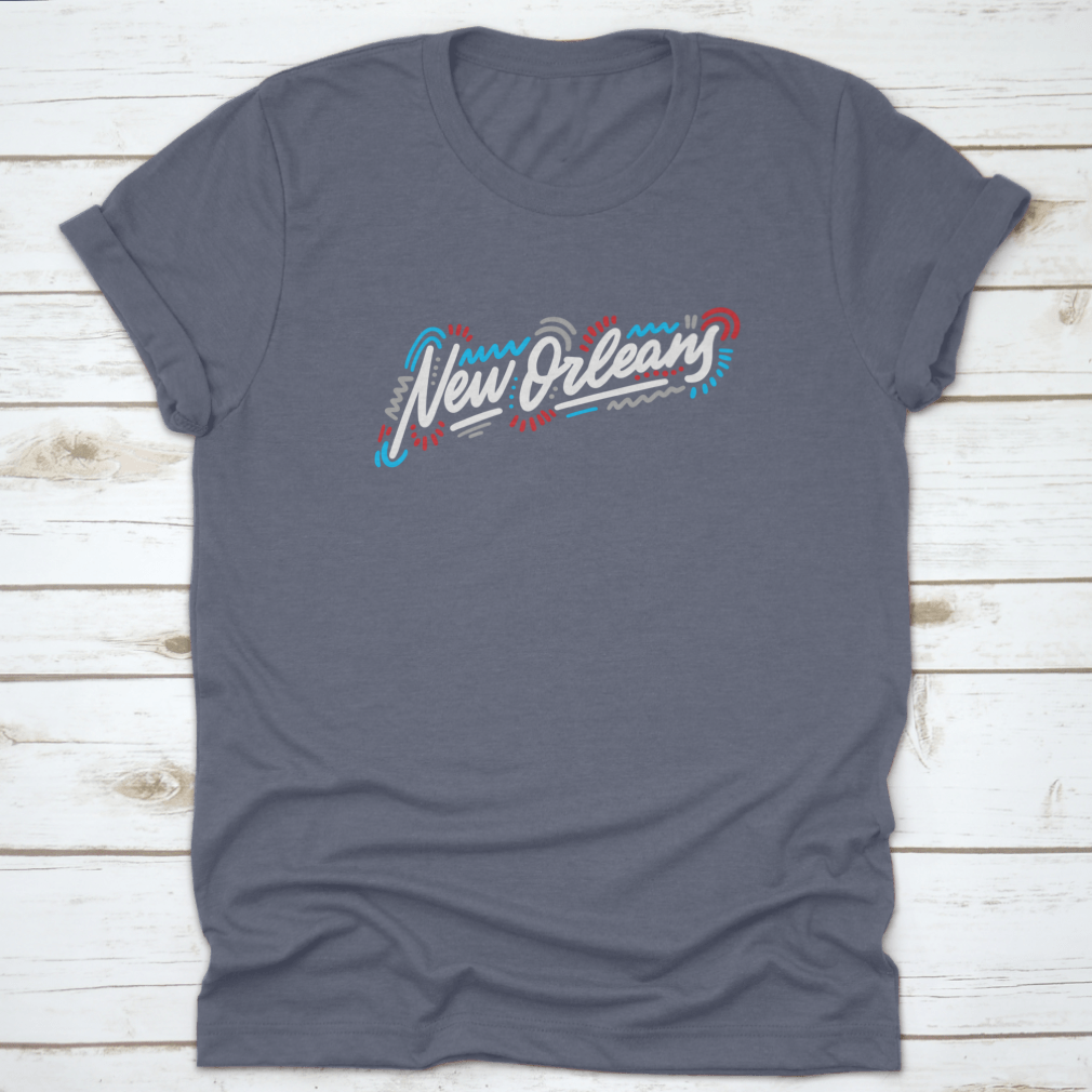 A stylish t-shirt featuring the handwritten city name 'New Orleans' in modern calligraphy, showcasing artistic lettering on a comfortable fabric.