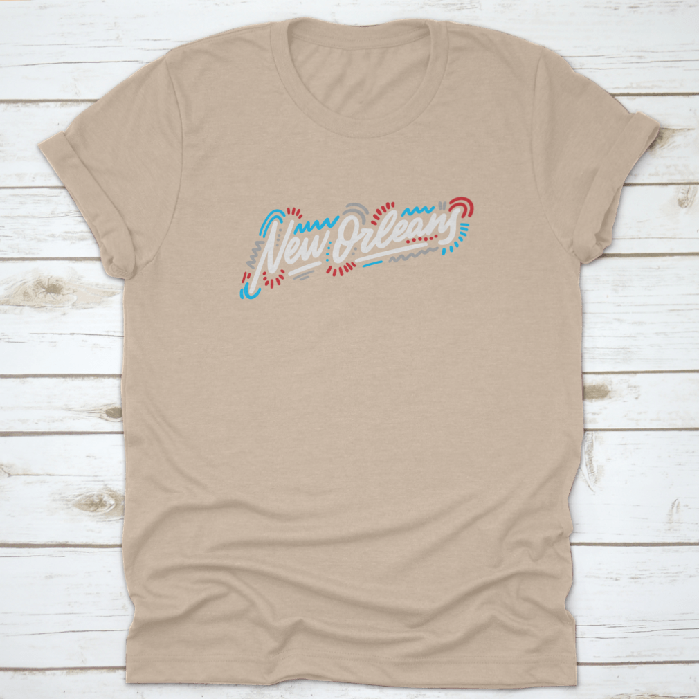 A stylish t-shirt featuring the handwritten city name 'New Orleans' in modern calligraphy, showcasing artistic lettering on a comfortable fabric.