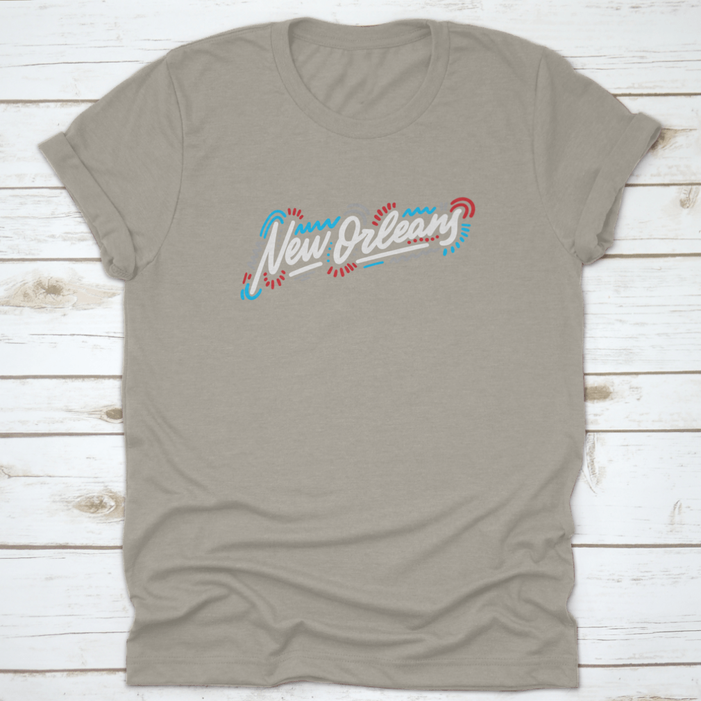 A stylish t-shirt featuring the handwritten city name 'New Orleans' in modern calligraphy, showcasing artistic lettering on a comfortable fabric.