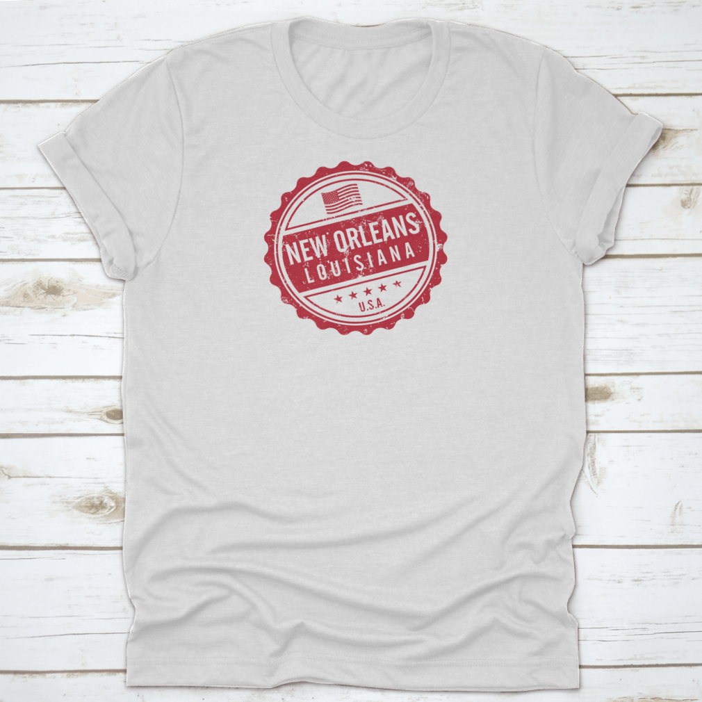 New Orleans Stamp T-shirt in vibrant red featuring the city's flag design, showcasing comfort and style.