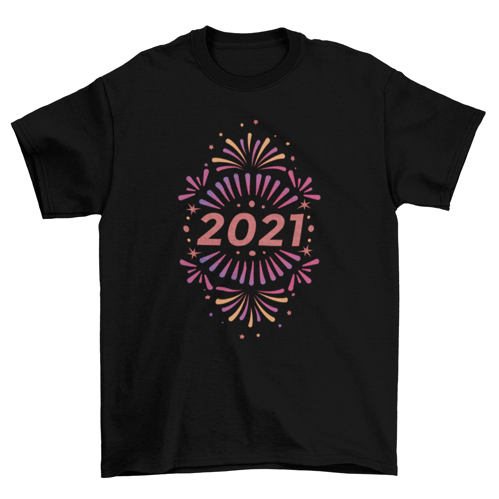 New Year 2021 t-shirt featuring vibrant fireworks design around the year 2021.