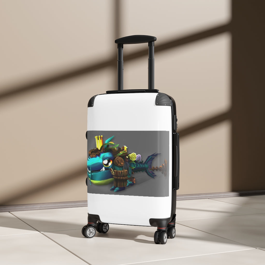Nibbler's Misfit Shark Cabin Suitcase featuring a personalized faux leather design with adjustable handle and double wheels.