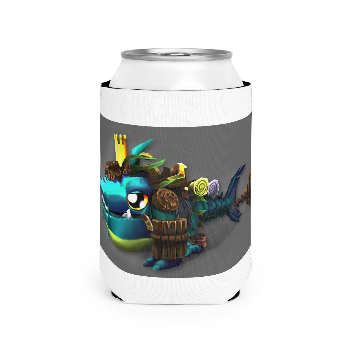 Nibblers the Misfit Shark Can Cooler Sleeve in vibrant colors, designed to fit standard 12oz cans, showcasing a fun shark theme.