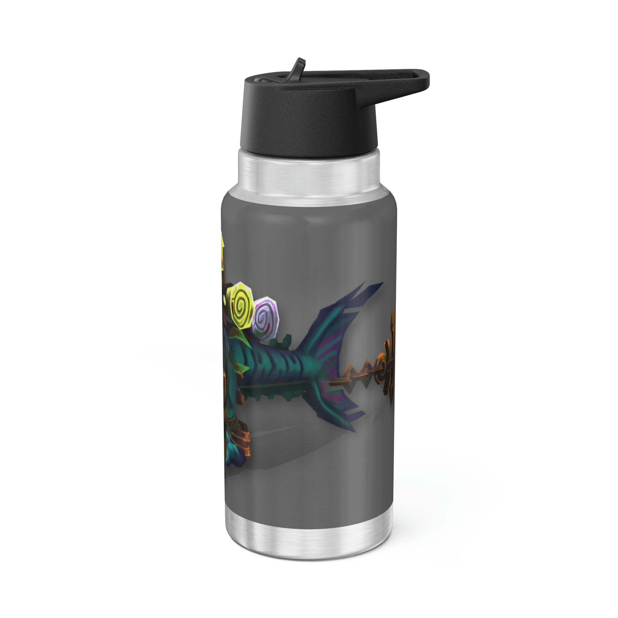 Nibblers the Misfit Shark Gator Tumbler, 32oz, stainless steel with a colorful design and plastic straw.
