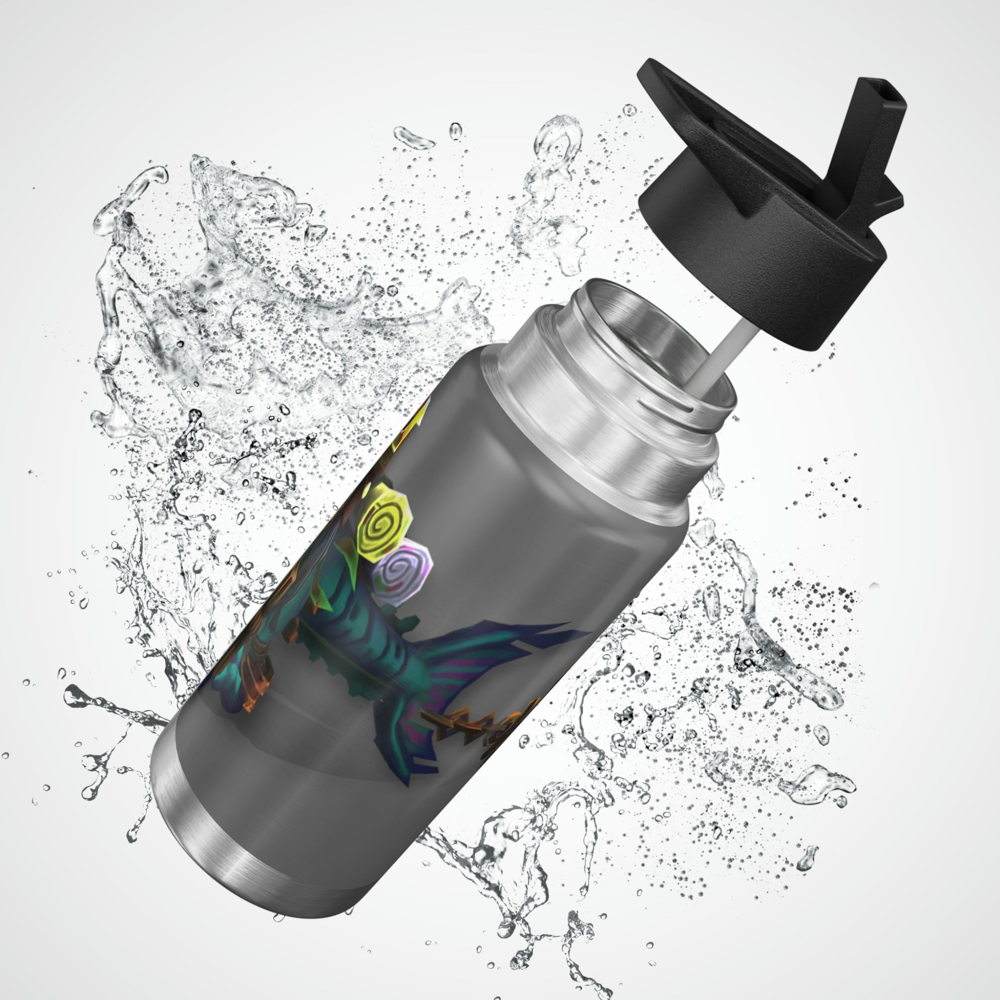 Nibblers the Misfit Shark Gator Tumbler, 32oz, stainless steel with a colorful design and plastic straw.