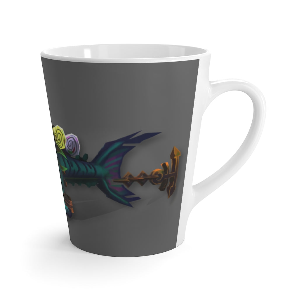 Nibbler's Misfit Shark Latte Mug featuring a whimsical shark design on durable white ceramic.
