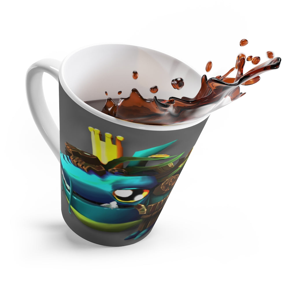 Nibbler's Misfit Shark Latte Mug featuring a whimsical shark design on durable white ceramic.