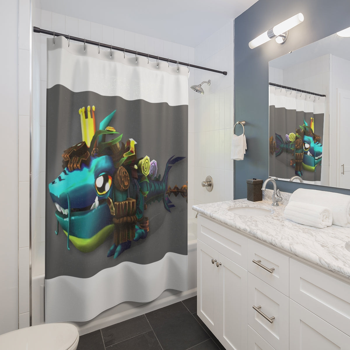 Colorful Nibblers the Misfit Shark Shower Curtain featuring a playful shark design, perfect for adding character to any bathroom.