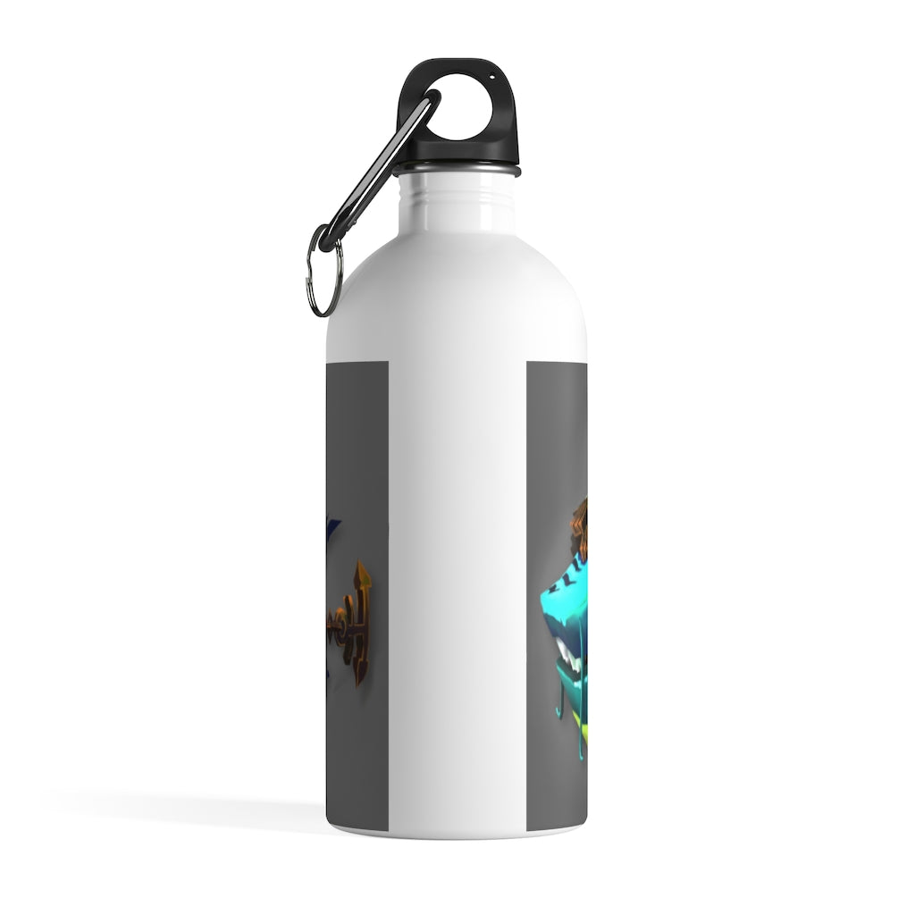 Nibbler's Misfit Shark stainless steel water bottle with vibrant print and plastic screw top, featuring a carabiner and keychain ring.