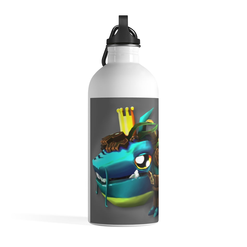 Nibbler's Misfit Shark stainless steel water bottle with vibrant print and plastic screw top, featuring a carabiner and keychain ring.