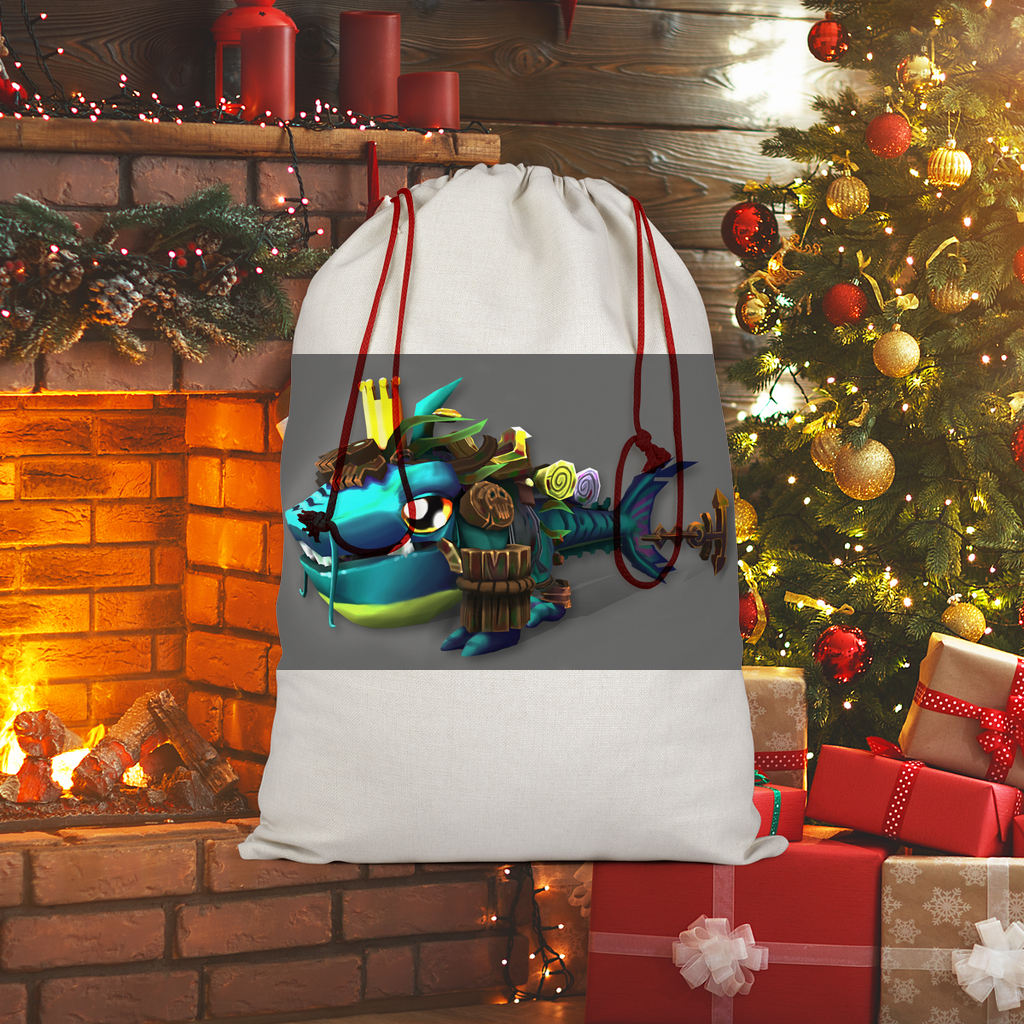 Nibblers the Misfit Shark Sublimation Linen Drawstring Sack with red drawstring, featuring eco-friendly printed design and linen effect.