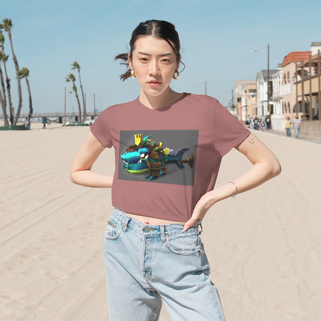 Nibbler's the Misfit Shark Women's Flowy Cropped Tee in a stylish design, showcasing its flowy fit and modest crop.