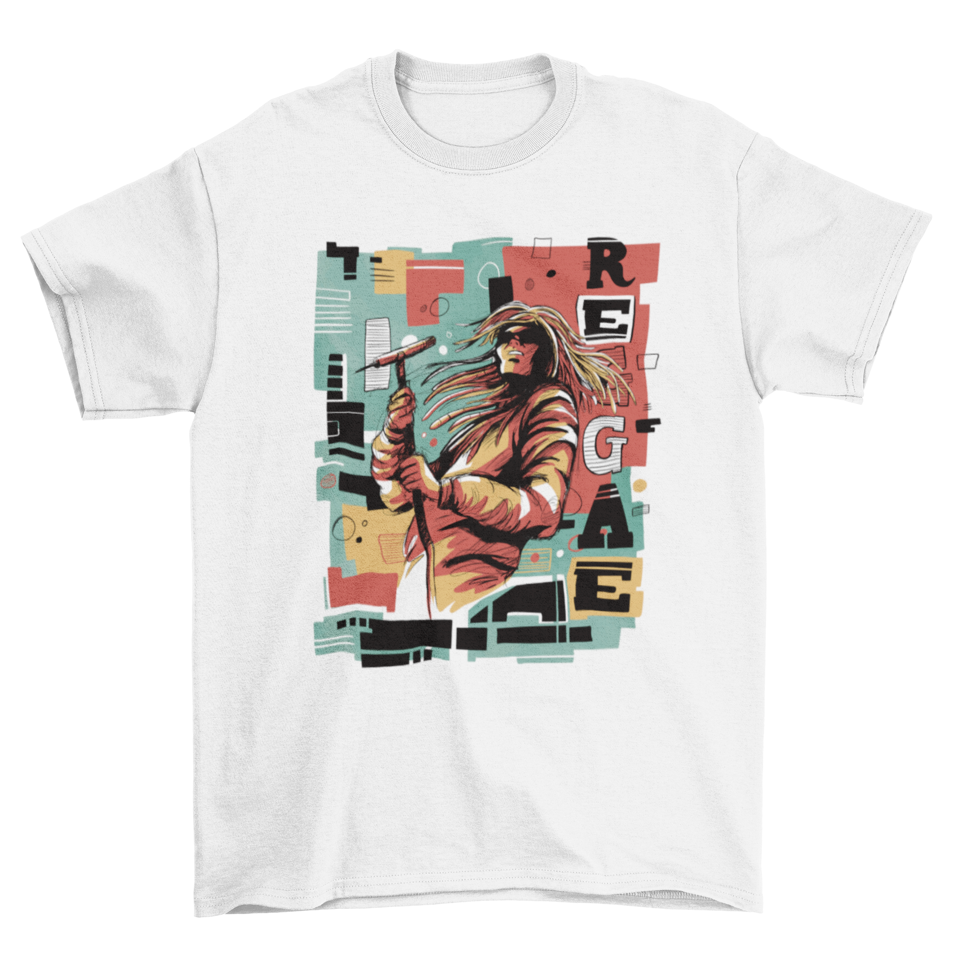 Abstract design of a rastafari reggae musician on a stylish t-shirt.
