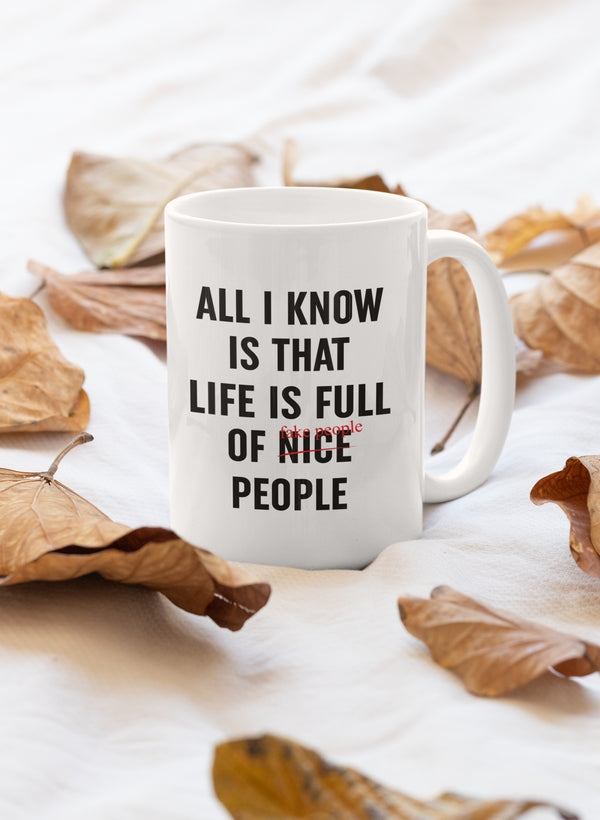 A stylish 11oz Nice People Mug with a glossy finish and sturdy handle, perfect for coffee or tea.
