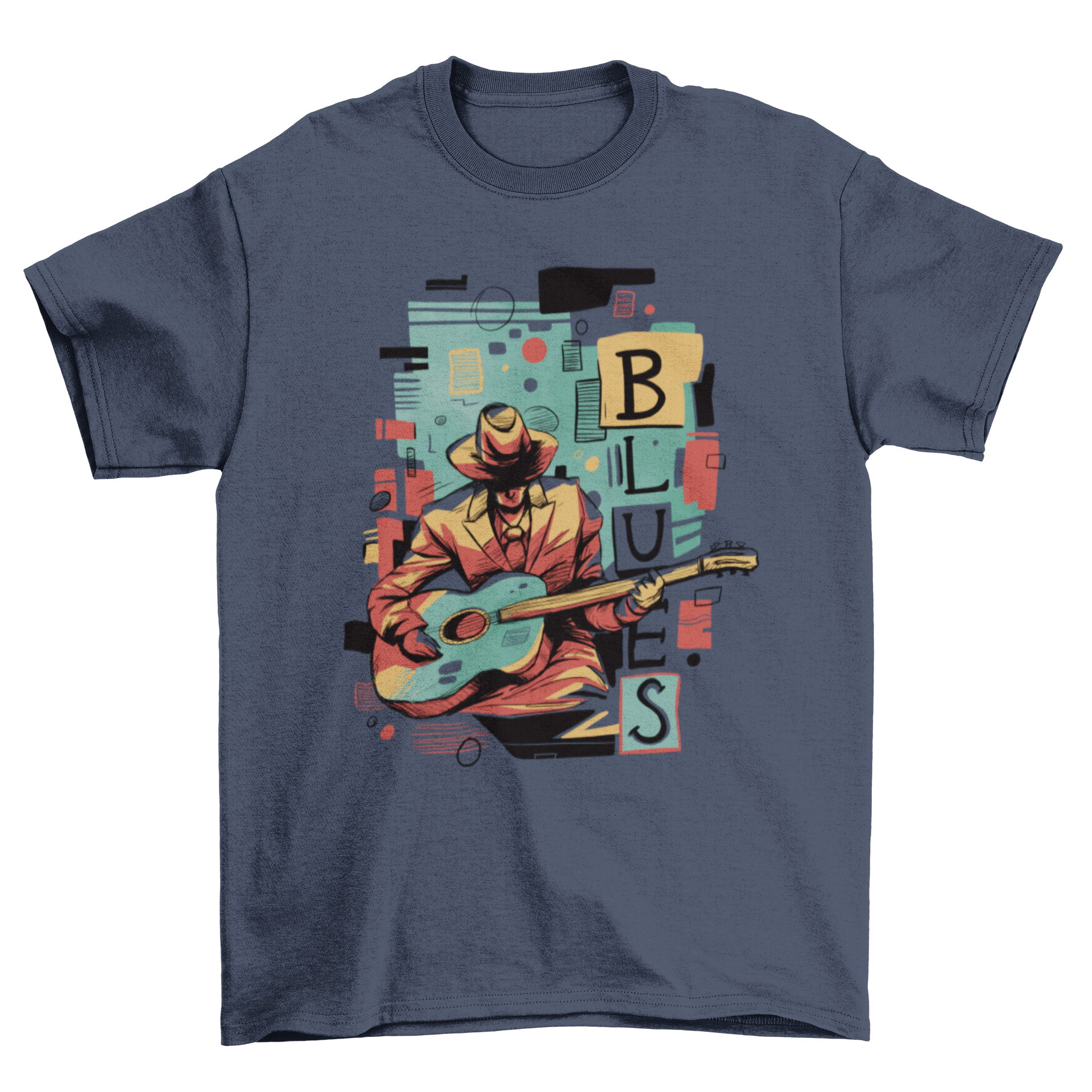 Abstract design t-shirt featuring a blues musician playing guitar, showcasing RNB and blues music themes.