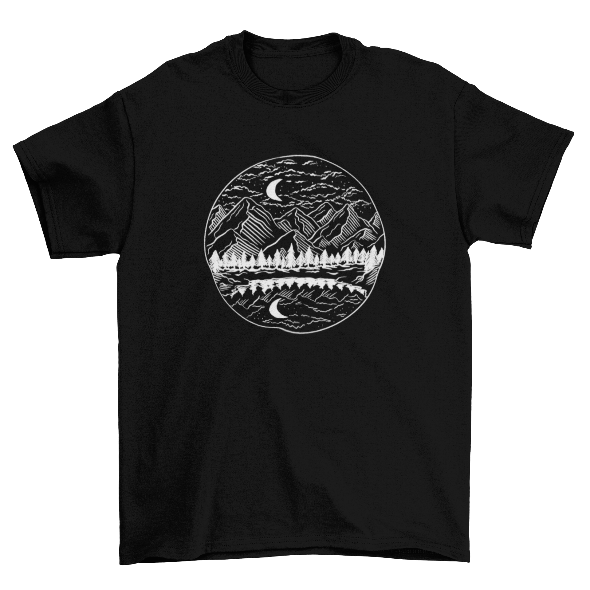 A stylish t-shirt featuring a night mountain landscape design with stars in the sky.