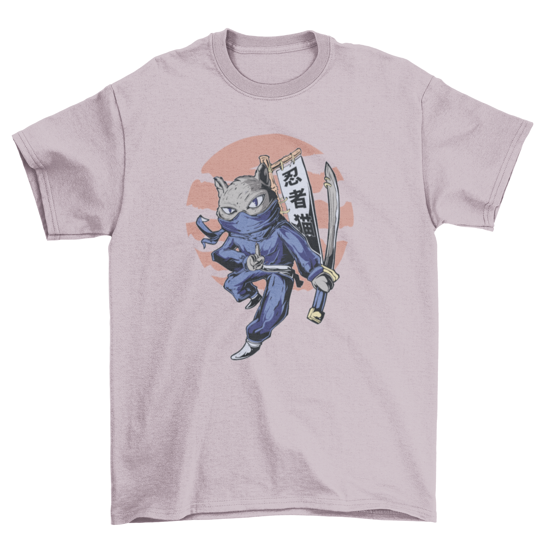 A stylish t-shirt featuring a ninja cat wielding a katana sword, perfect for cat lovers.