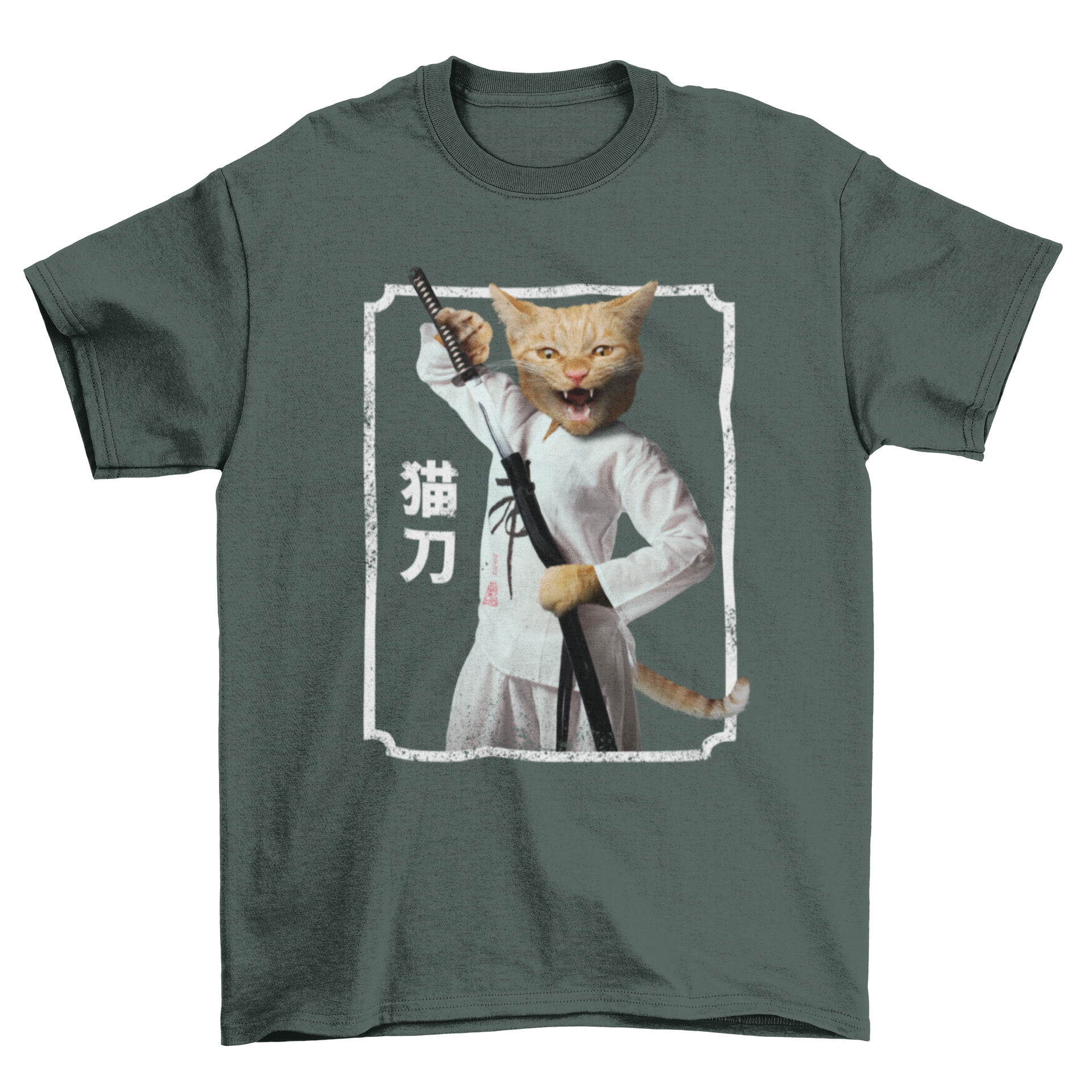A stylish t-shirt featuring a cat in a human body holding a sword, showcasing a unique ninja design.