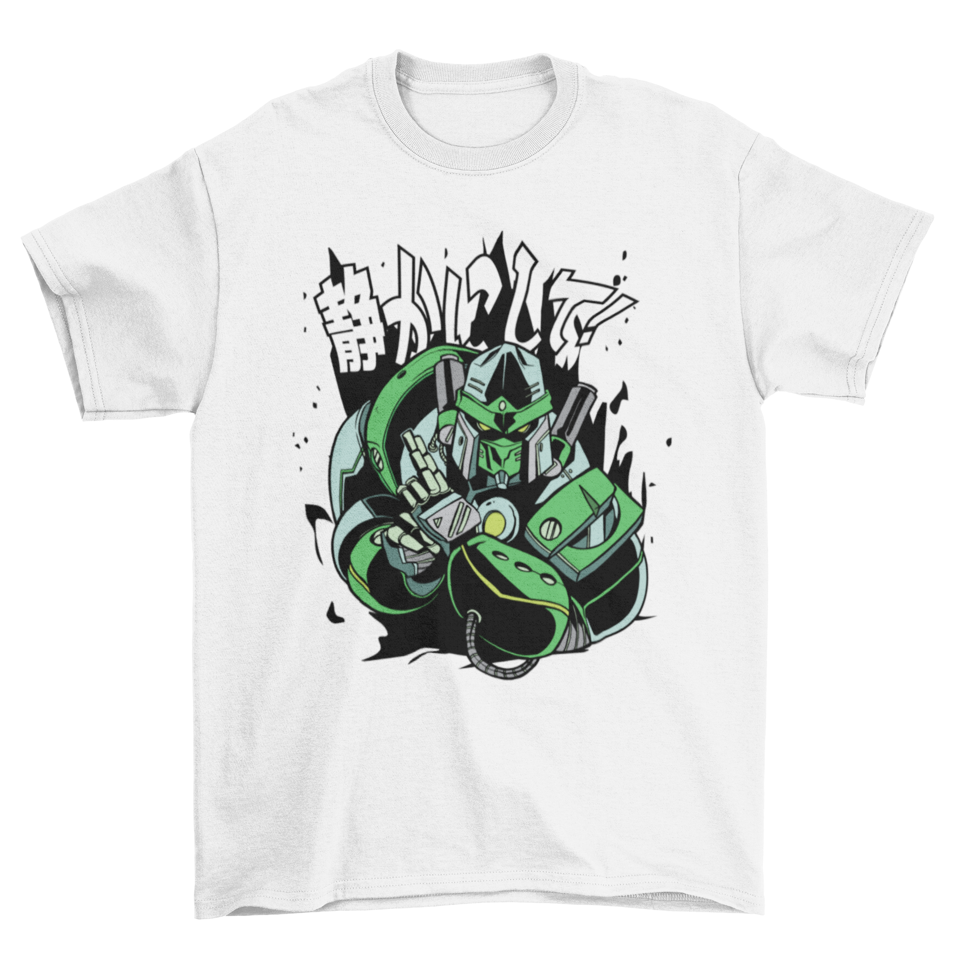 Ninja robot t-shirt featuring a vibrant design and Japanese quote, perfect for casual wear.