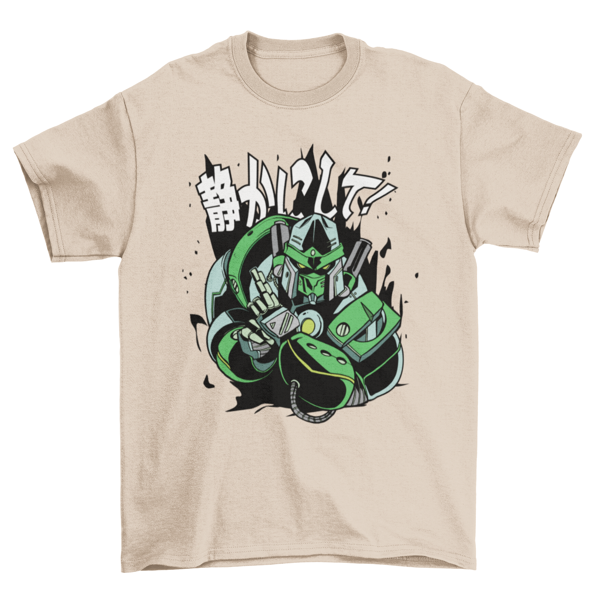 Ninja robot t-shirt featuring a vibrant design and Japanese quote, perfect for casual wear.