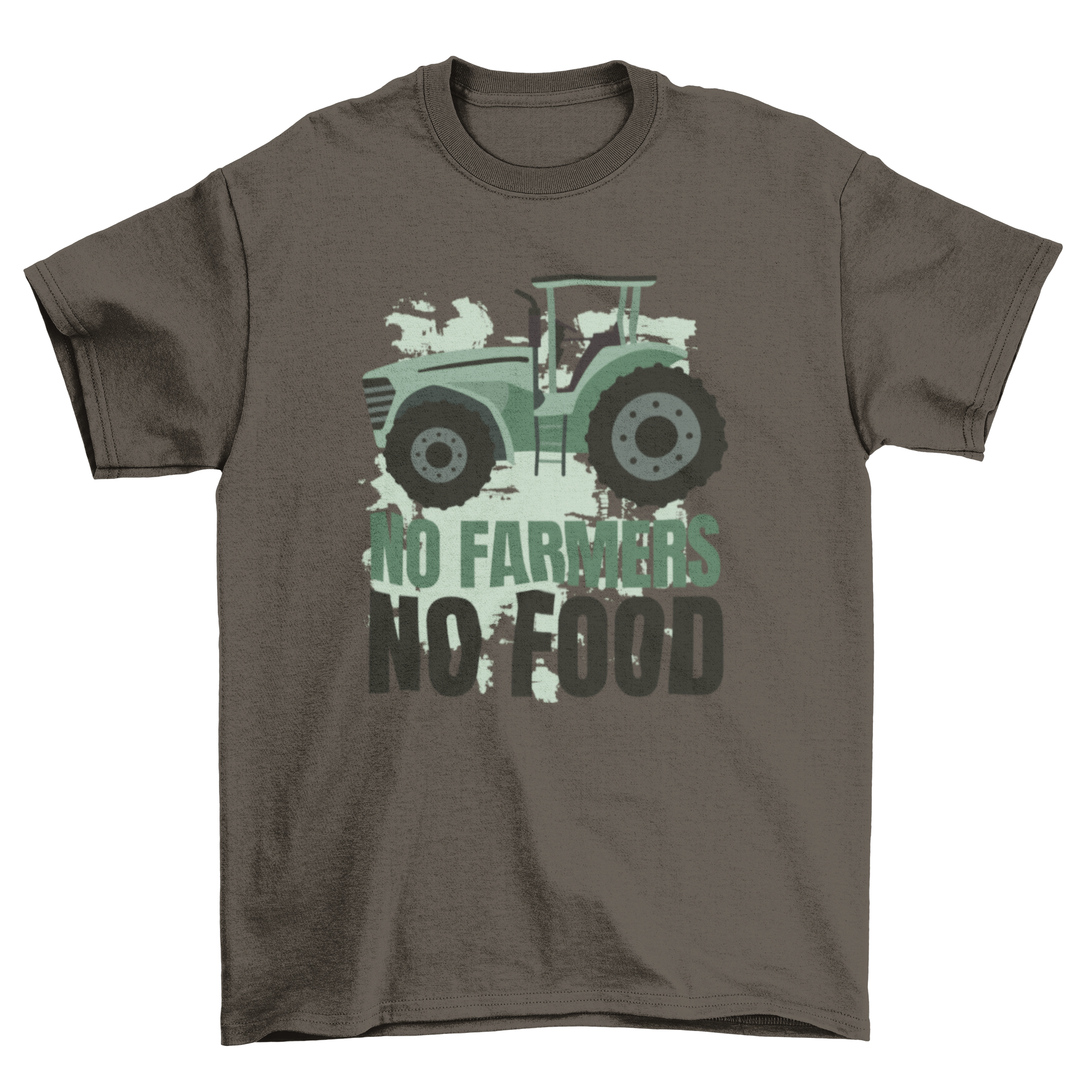 A stylish t-shirt featuring a flat tractor design with the quote 'No Farmers No Food', promoting agricultural awareness.