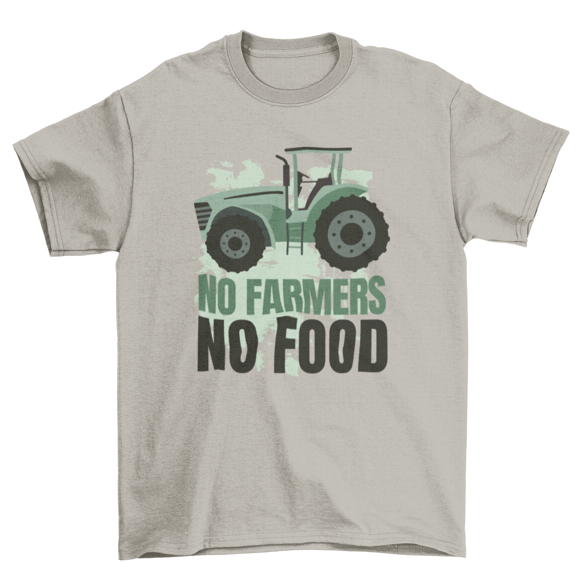 A stylish t-shirt featuring a flat tractor design with the quote 'No Farmers No Food', promoting agricultural awareness.
