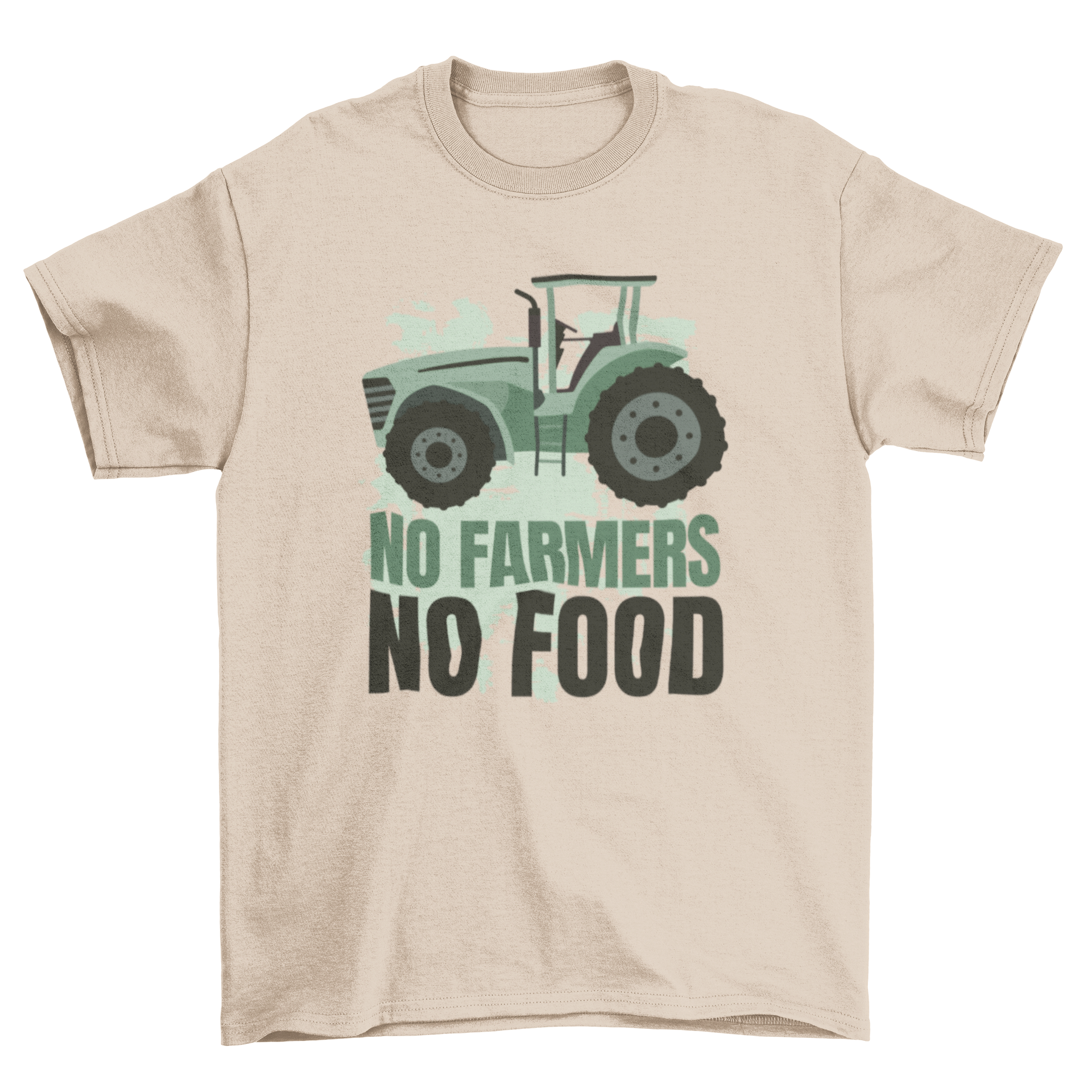 A stylish t-shirt featuring a flat tractor design with the quote 'No Farmers No Food', promoting agricultural awareness.