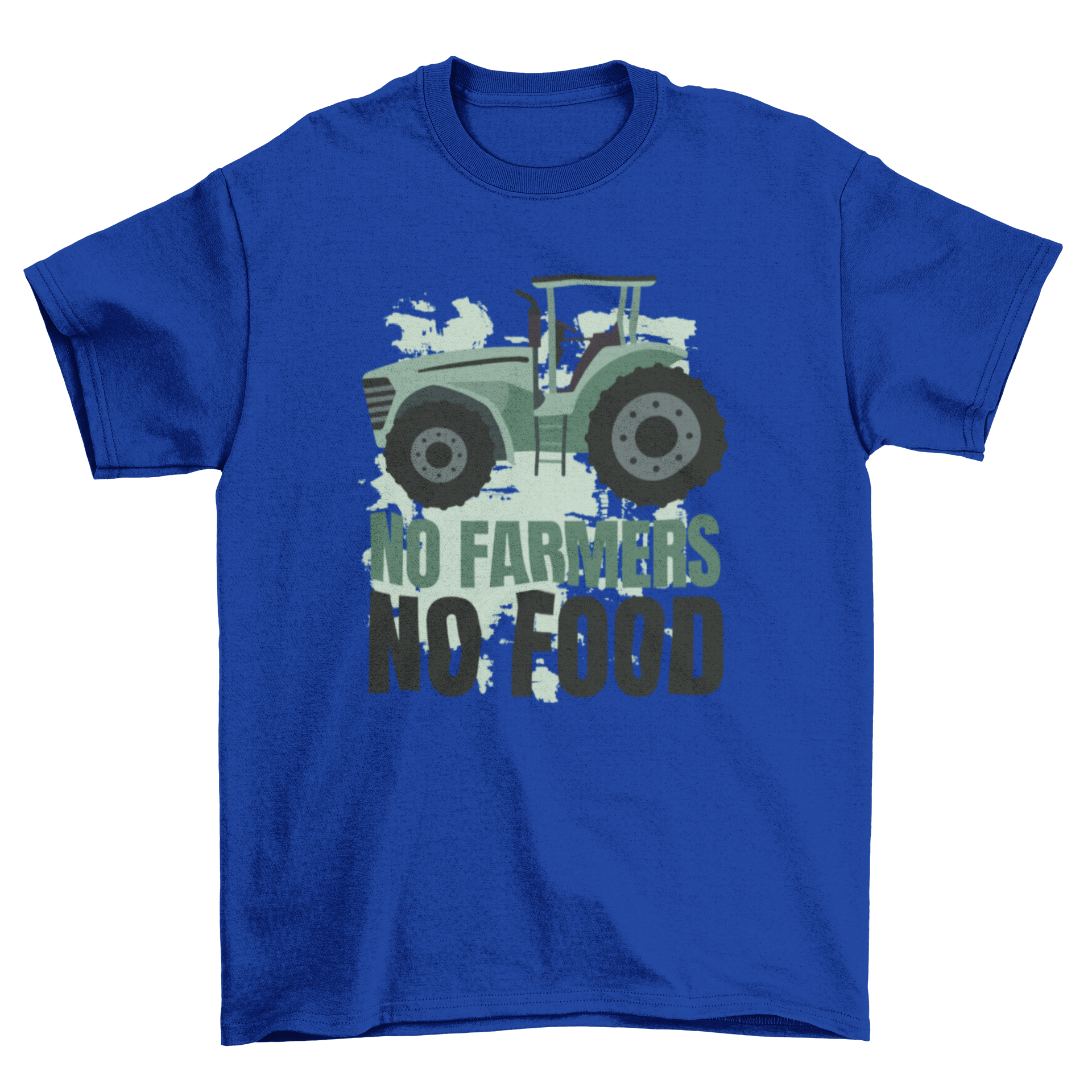 A stylish t-shirt featuring a flat tractor design with the quote 'No Farmers No Food', promoting agricultural awareness.