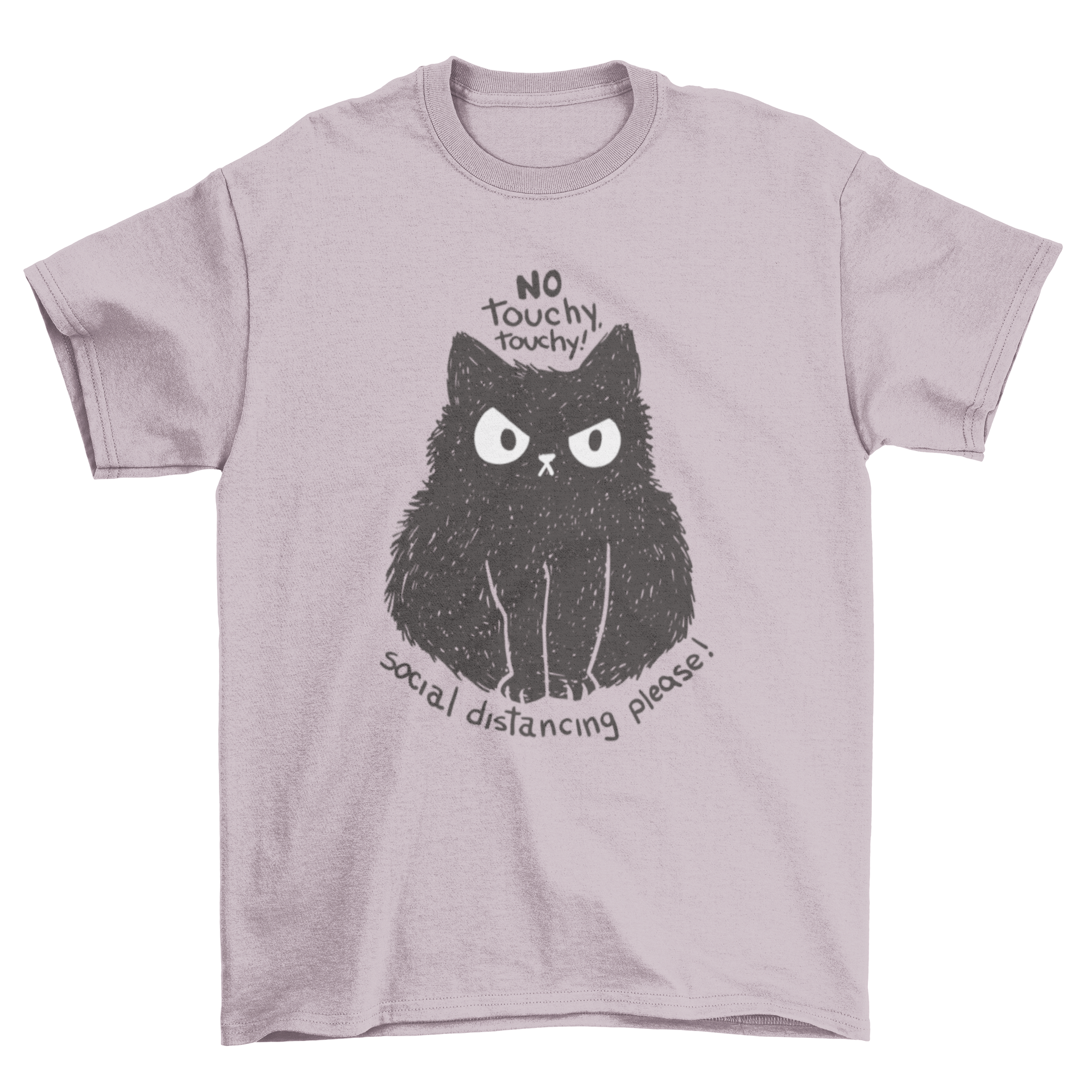 A black t-shirt featuring a fuzzy black cat and the quote 'No touchy touchy! social distancing please!' in a playful font.