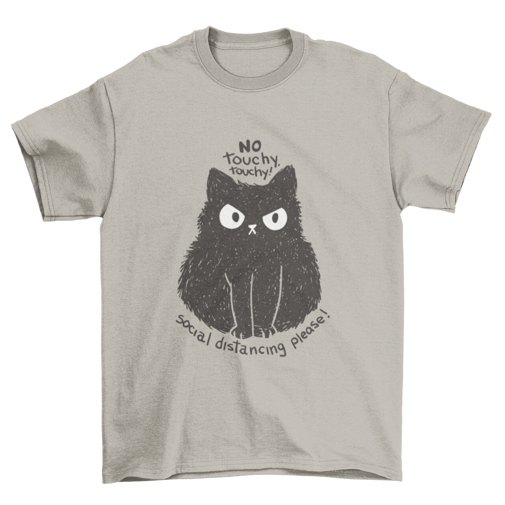 A black t-shirt featuring a fuzzy black cat and the quote 'No touchy touchy! social distancing please!' in a playful font.