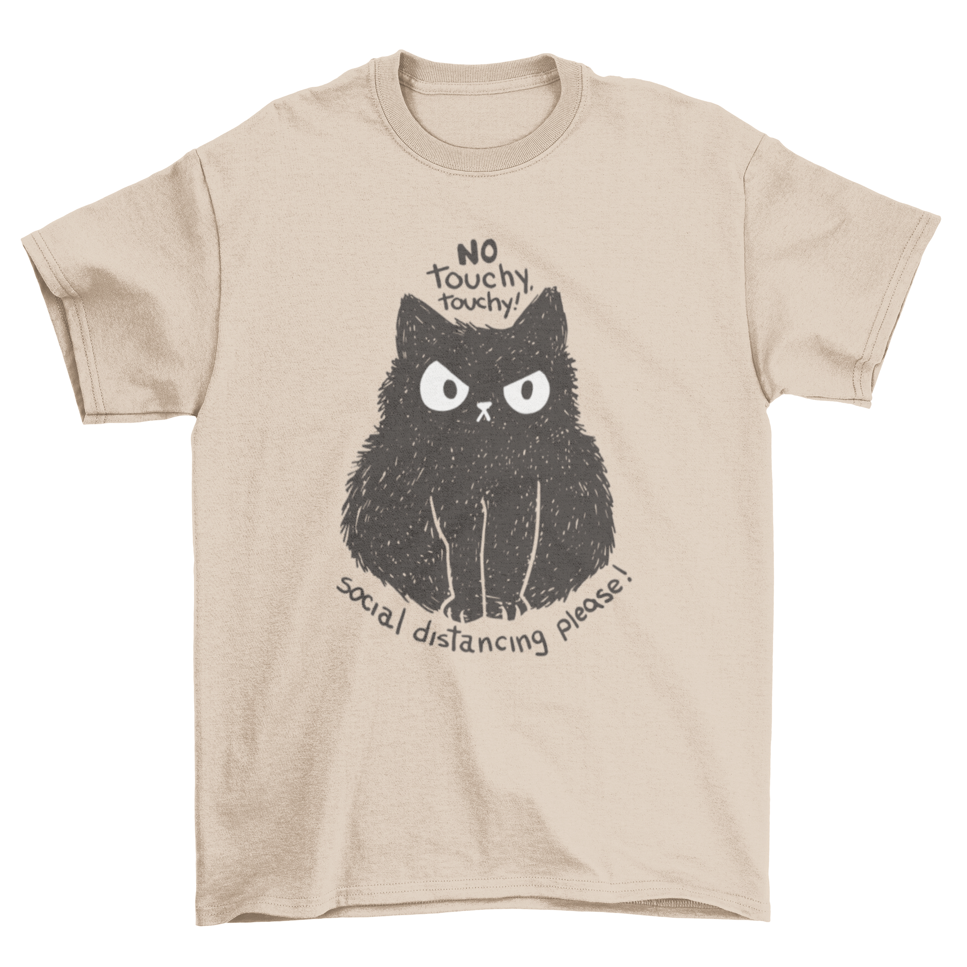 A black t-shirt featuring a fuzzy black cat and the quote 'No touchy touchy! social distancing please!' in a playful font.