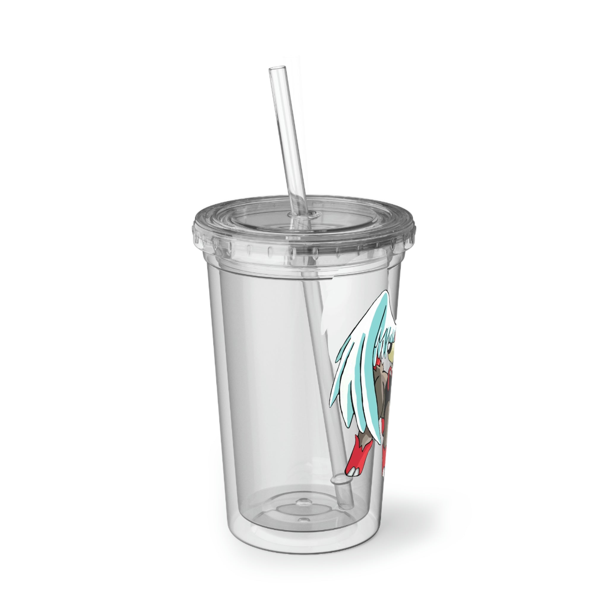 Nomais Suave Acrylic Cup in stainless steel with a black screw-on cap and plastic straw, showcasing a customizable design.